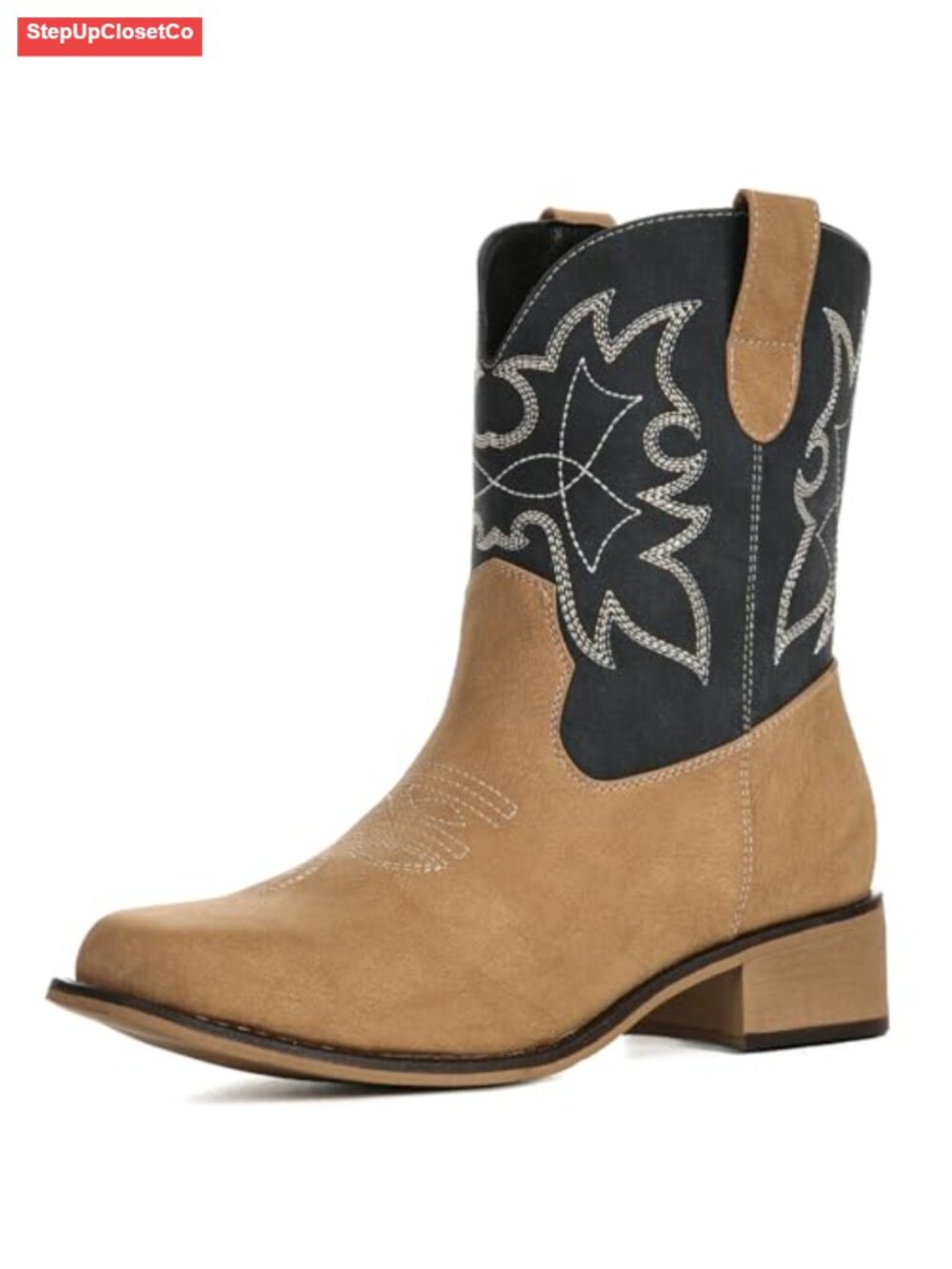 Square Toe Ankle Western Cowgirl Boots Faux Leather Pull-On